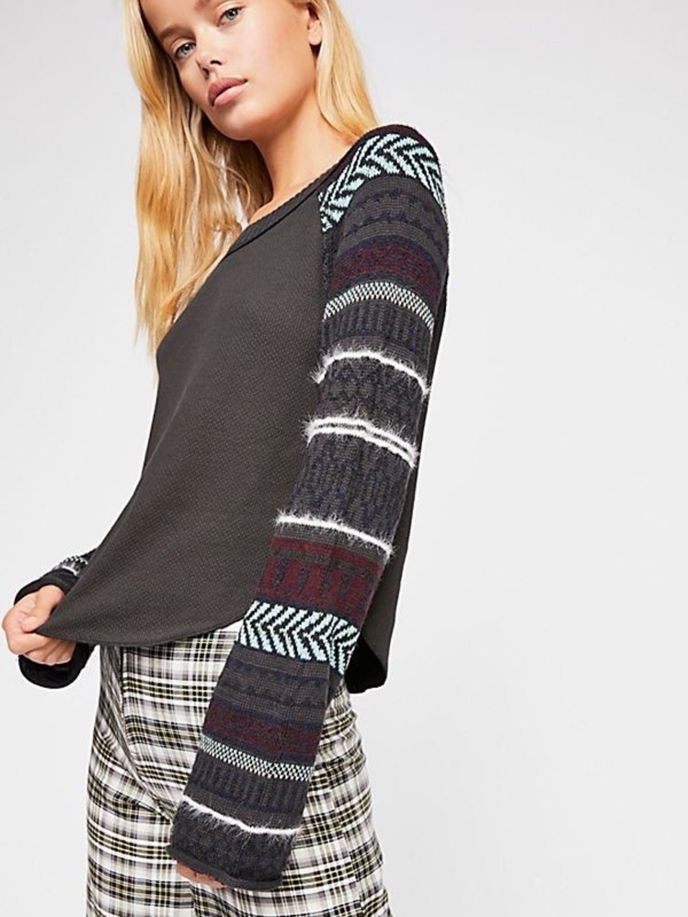 Free People Fairground Thermal XS Waffle Knit Bell Sleeve Patchwork Sweater